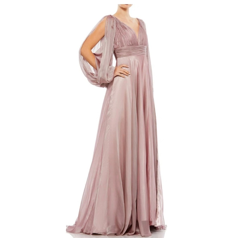 Mac Duggal Mauve Chiffon V-Neck Gown Beaded‎ Cuffs Dress NEW Size 14 Bridesmaid